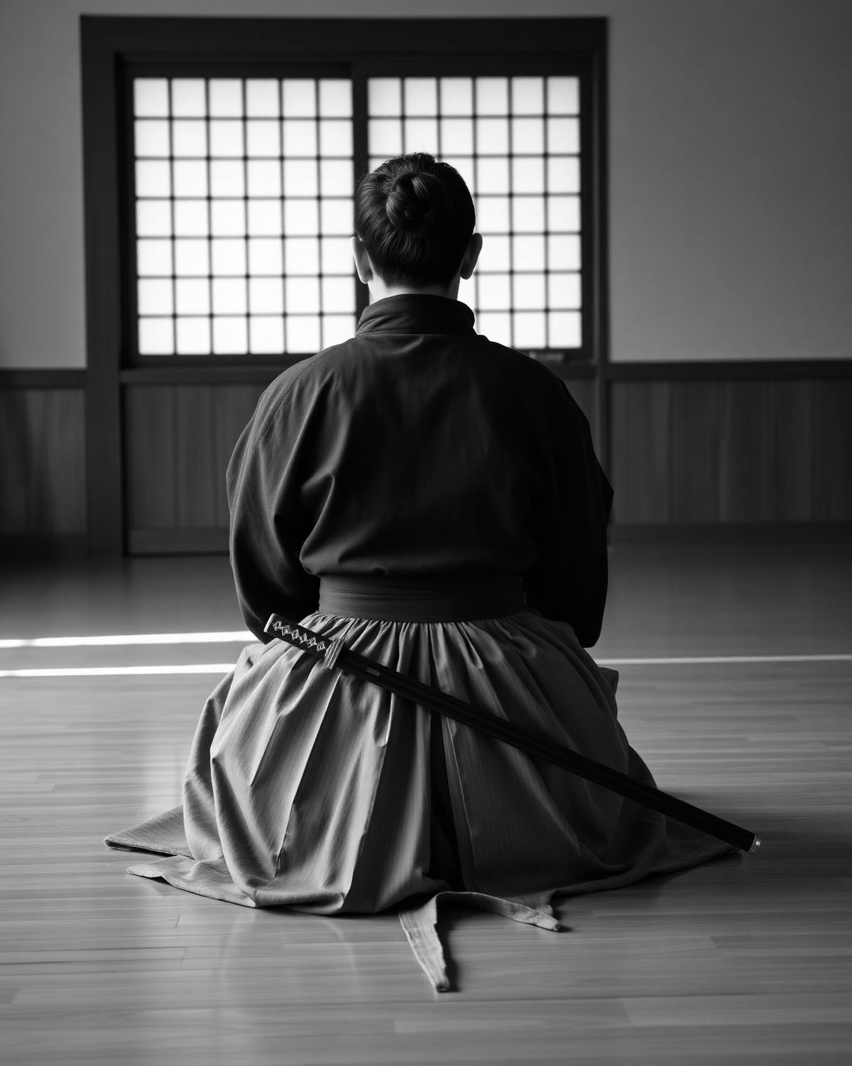 A student in seiza, katana across the lap